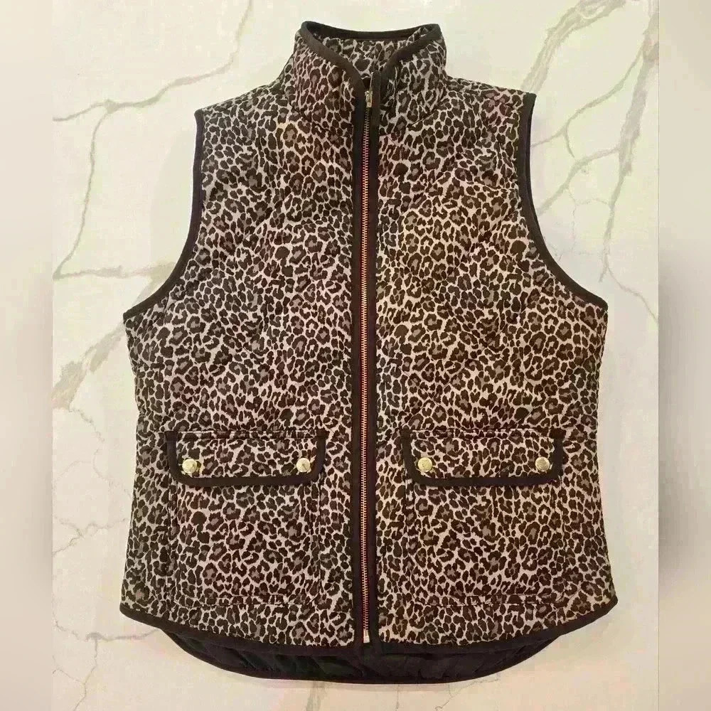 J. Crew Quilted Leopard Print Puffer Vest Full Zip Brown Black Womens Size Small